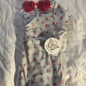 Gray Dress with Cherry Print and Heart Sunglasses